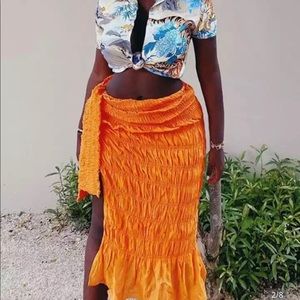 Orange ruched side tie skirt